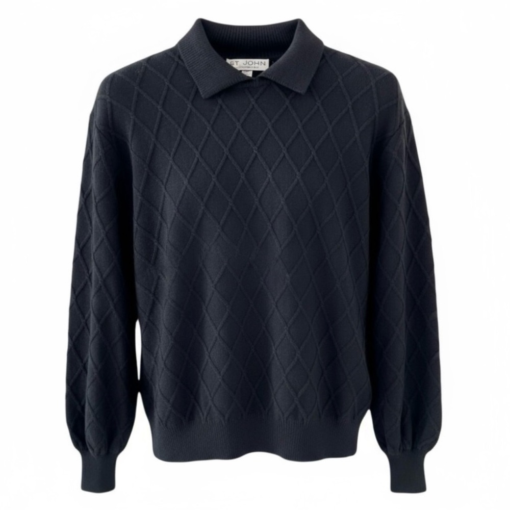 St. John Black Diamond Stitch Collared Long Sleeve Knit Sweater Size 2